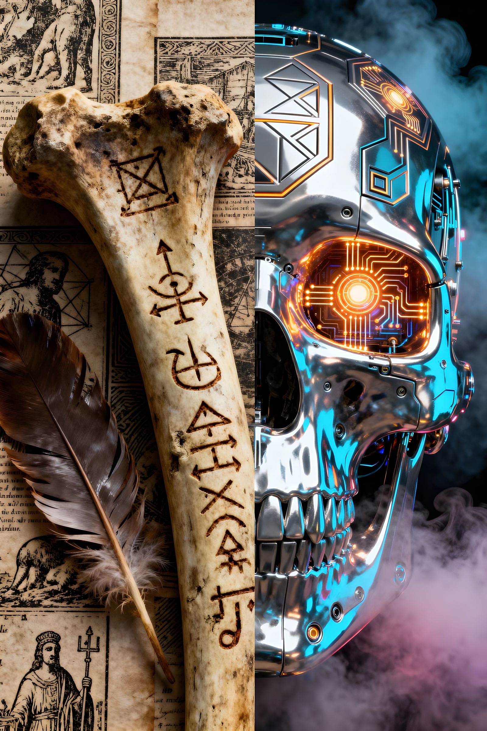 Ancient Bone Skull Meets Cybernetic Chrome in 3D Render