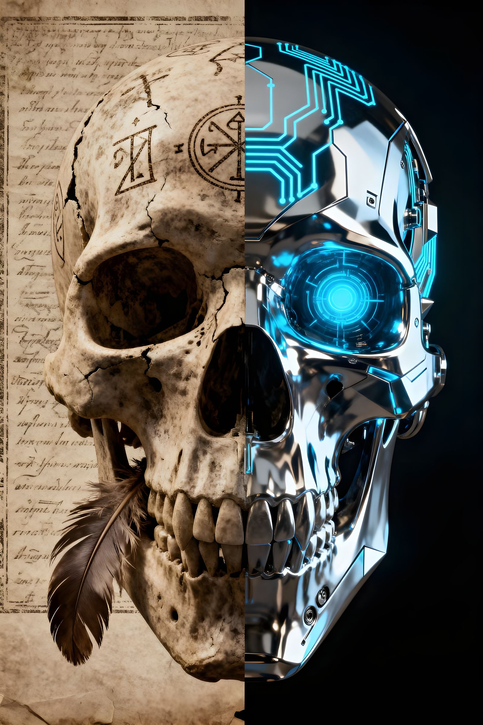 Cybernetic Skull Meets Ancient Mysticism in Split Image