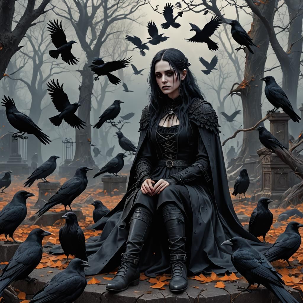 Sad Goth Girl with Crows in Detailed Matte Painting