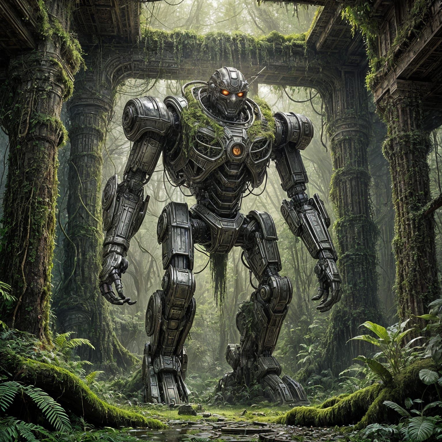 Ancient Robot Awakens in Jungle Temple, Cinematic Lighting