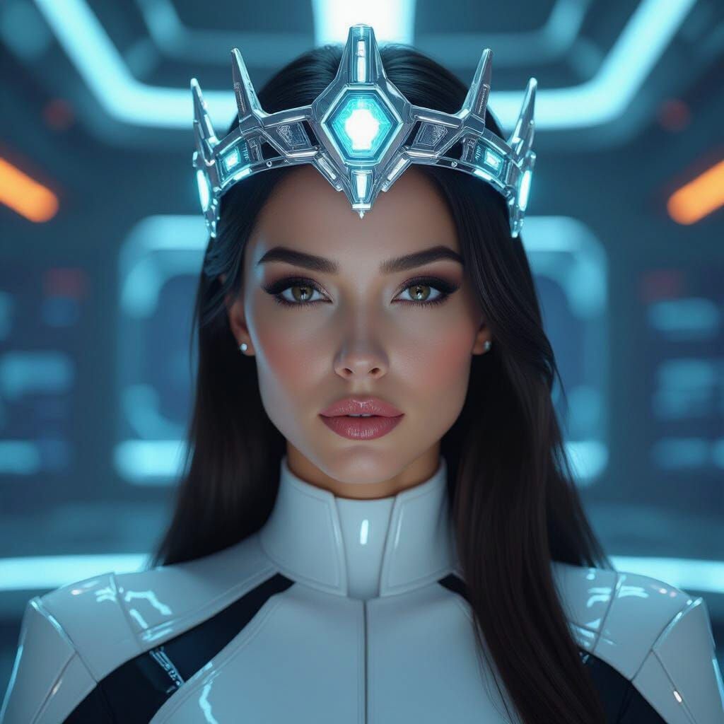 Futuristic Empress Commands Starship Bridge in Digital Paint...