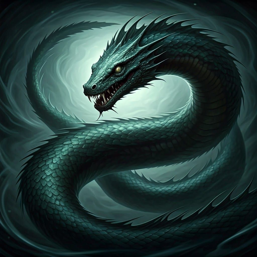 Mysterious, Shadowy Serpent Emerges from Dark, Dreamlike Lan...