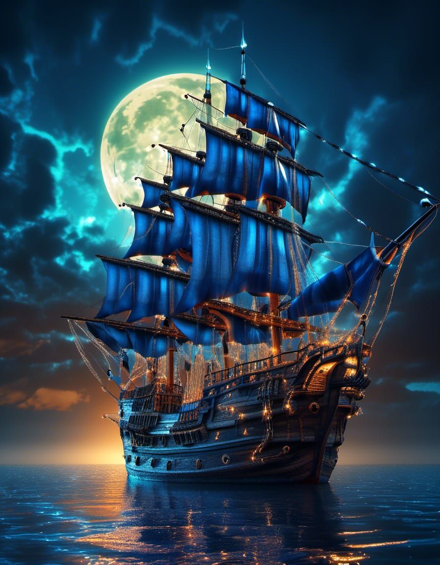 Bioluminescent Ghost Pirate Ship in Moonlight