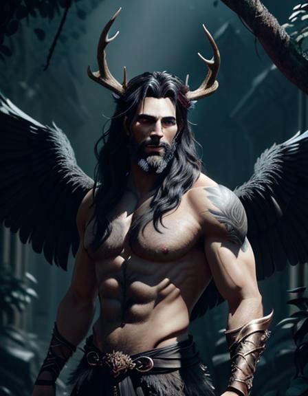 Dark Druid Faun with Rose Vines and Feathered Wings