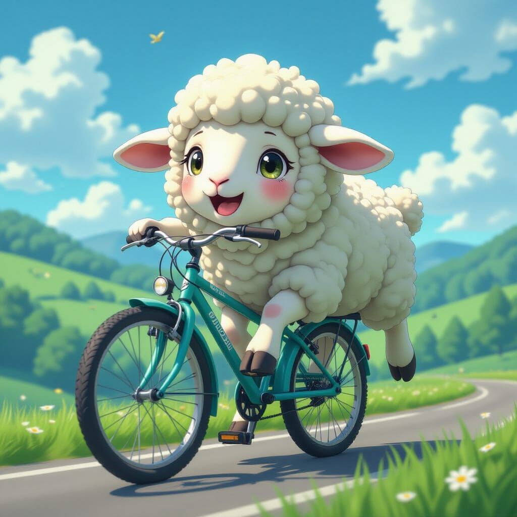 Nervous Lamb Falling off Bicycle: Anime Concept Art
