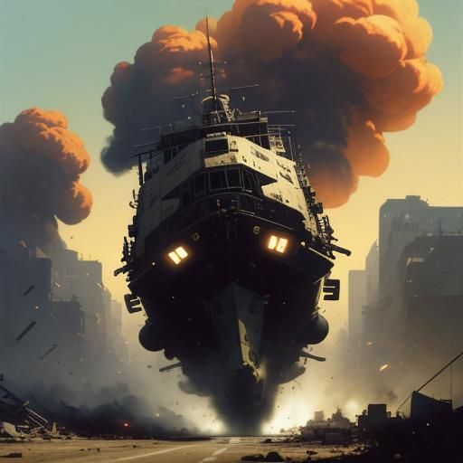 Dramatic Escape in a War-Torn City, Syd Mead Style