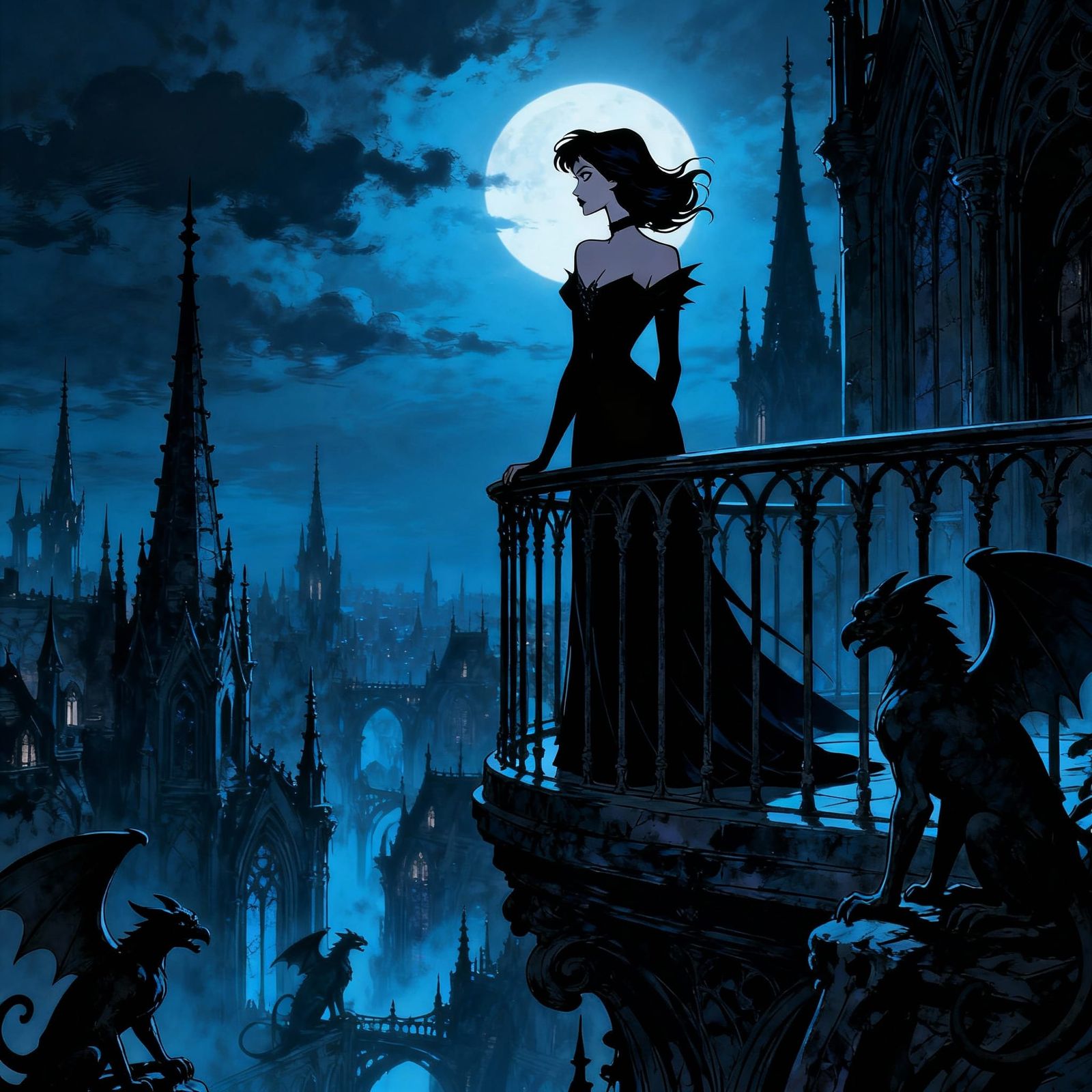 Gothic Cityscape: Woman on Moonlit Balcony