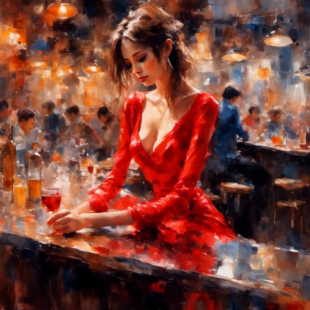 Woman in Red Dress: Oil Painting in Realistic Style