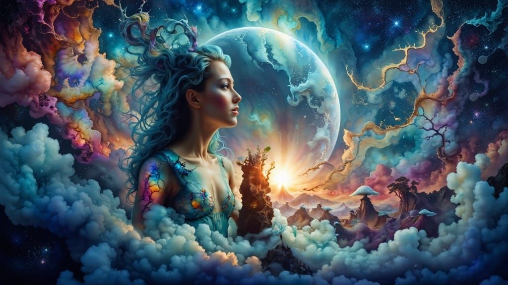 Ethereal Woman in Surreal Golden Hour Landscape