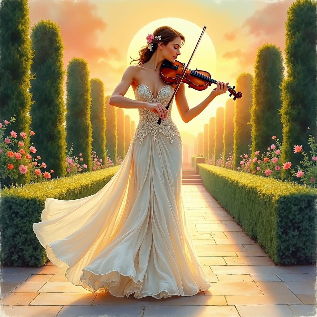 Woman Playing Violin in Watercolor Garden