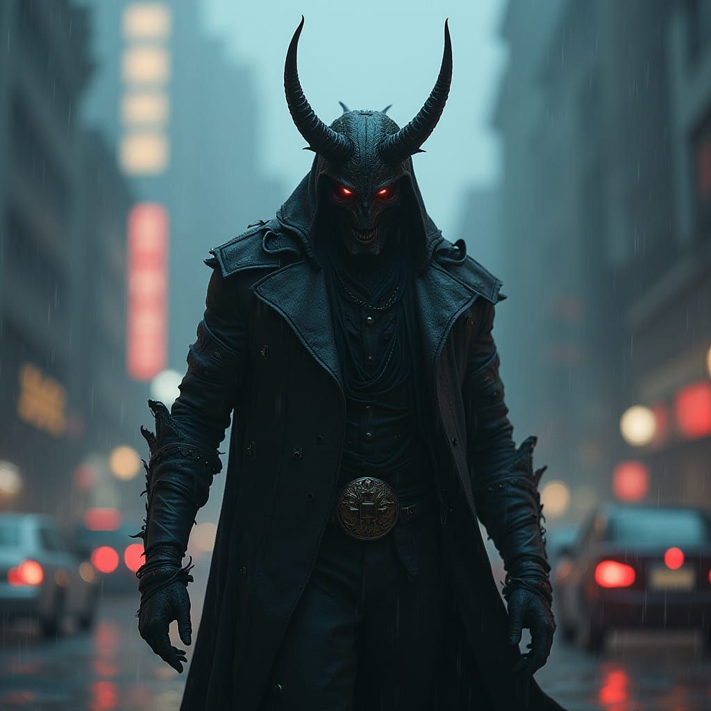 Cyberpunk Demon Warrior in Rainy Cityscape