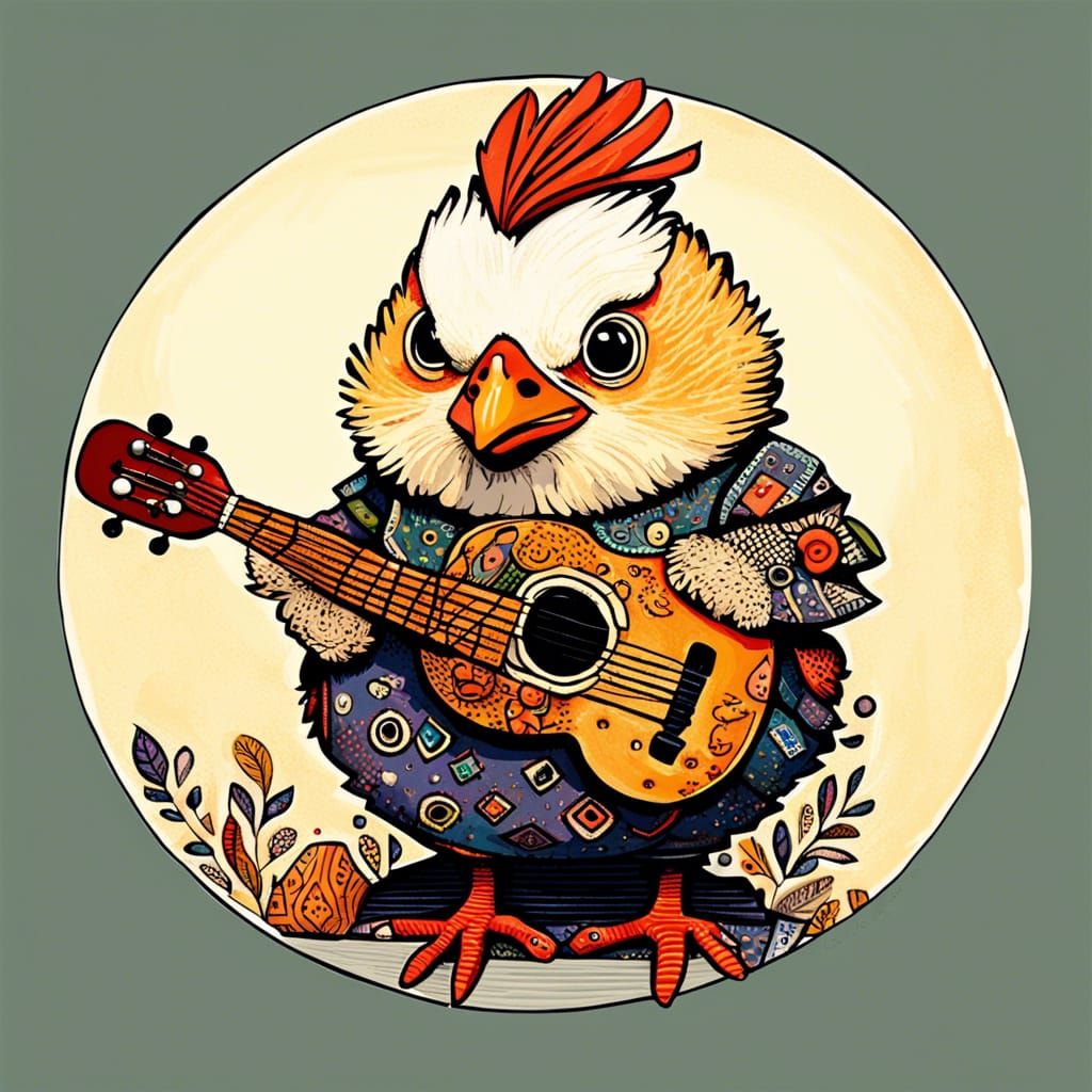 Punk Chicken Guitarist: Whimsical Zentangle Portrait