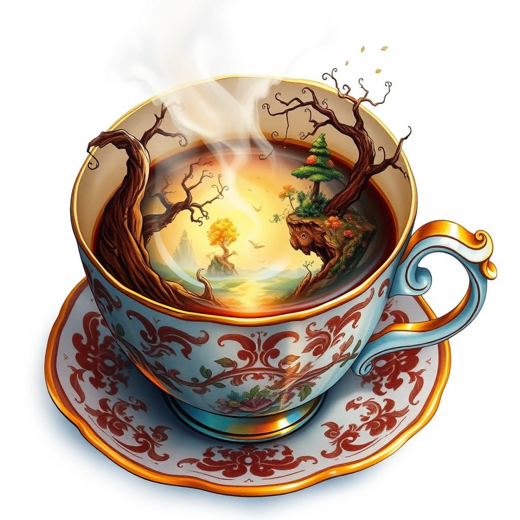 Whimsical Fantasy Coffee Cup in Miyazaki-Inspired Watercolor...