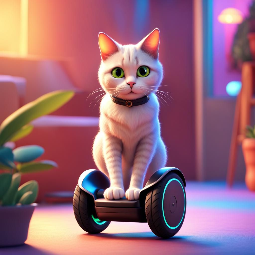 Cat on Segway: 3D Digital Art in Pixar Style