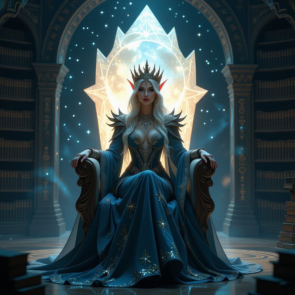 Elf Queen on Moonstone Throne in Cosmic Library