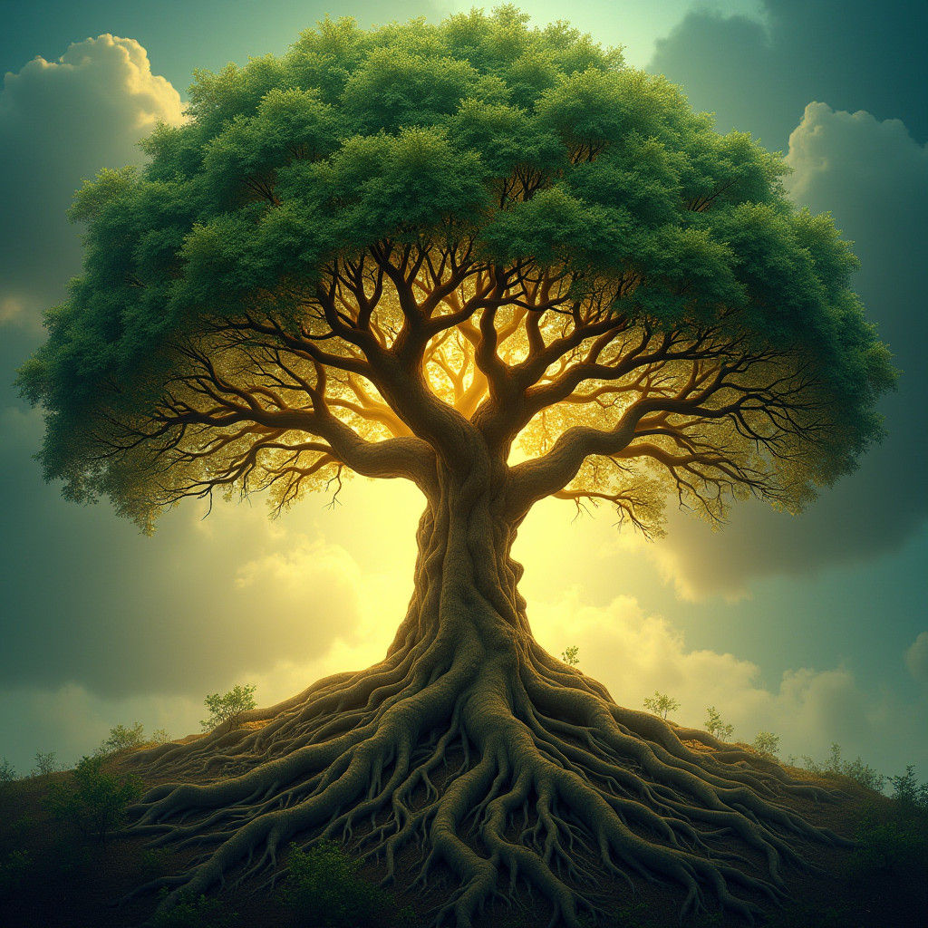 Majestic Tree with Luminous Roots, Digital Matte Painting