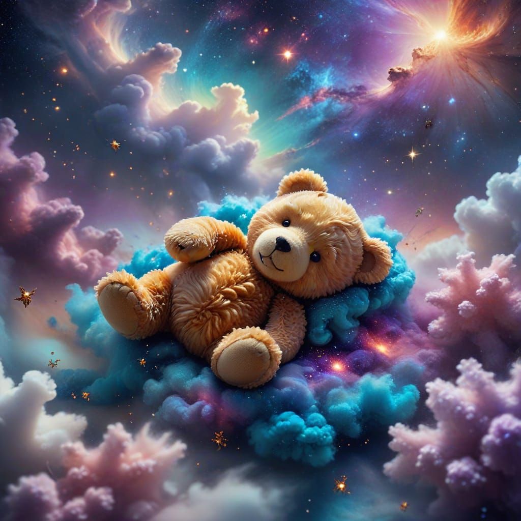 Teddy Bear Sleeps in Cosmic Dreamscape