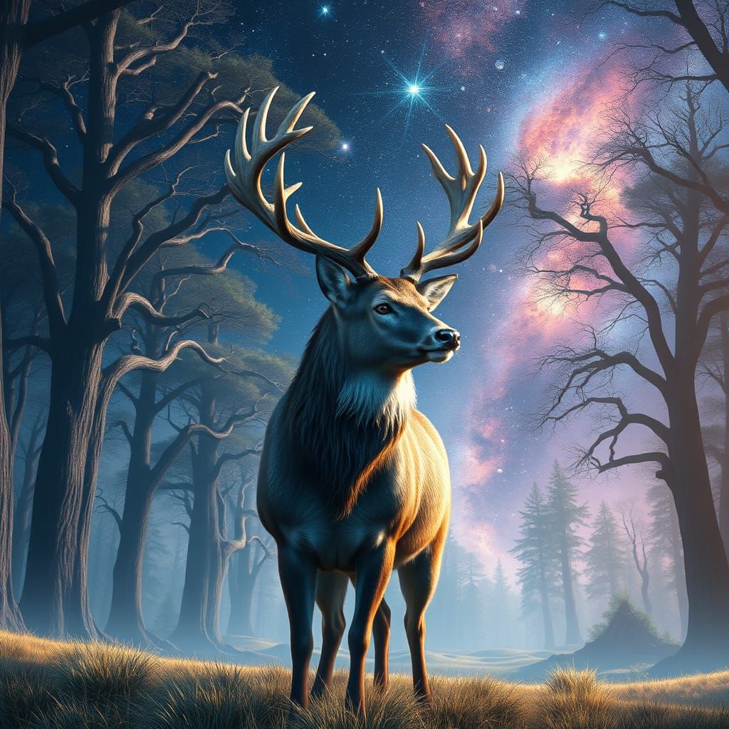 Majestic Buck in Celestial Clearing with Iridescent Coat and...