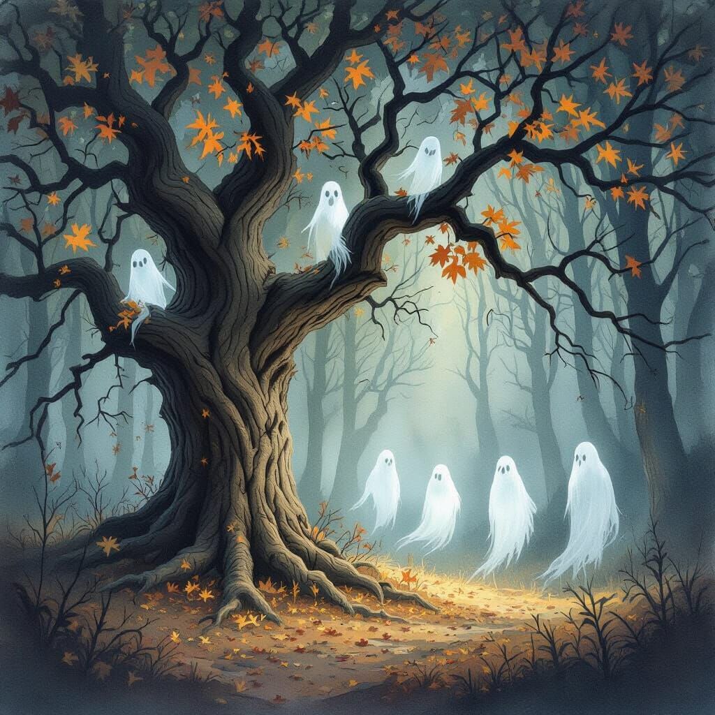 Ancient Oak Tree with Spectral Ghosts in Mysterious Forest
