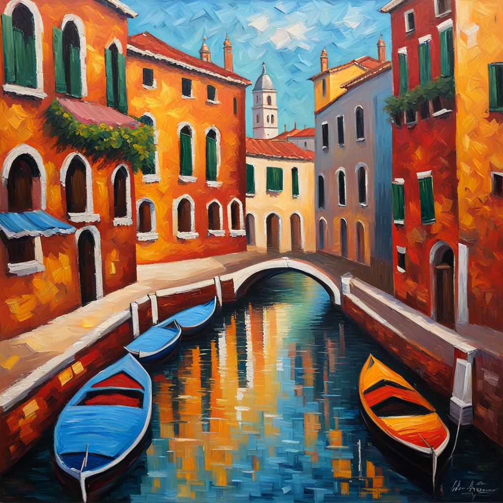 Venice Town in Expressionist Impasto Oil Painting