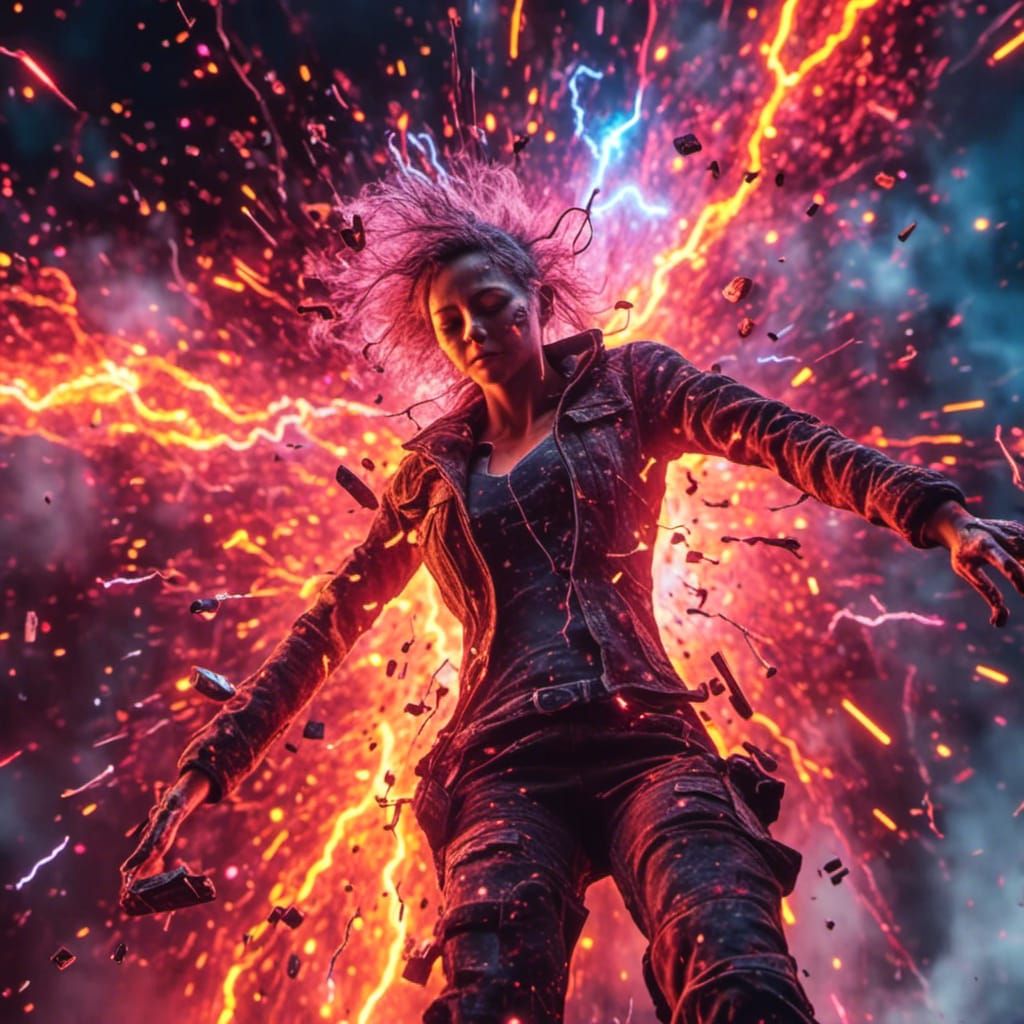 Female Cyborg Disintegrating in EMP Attack