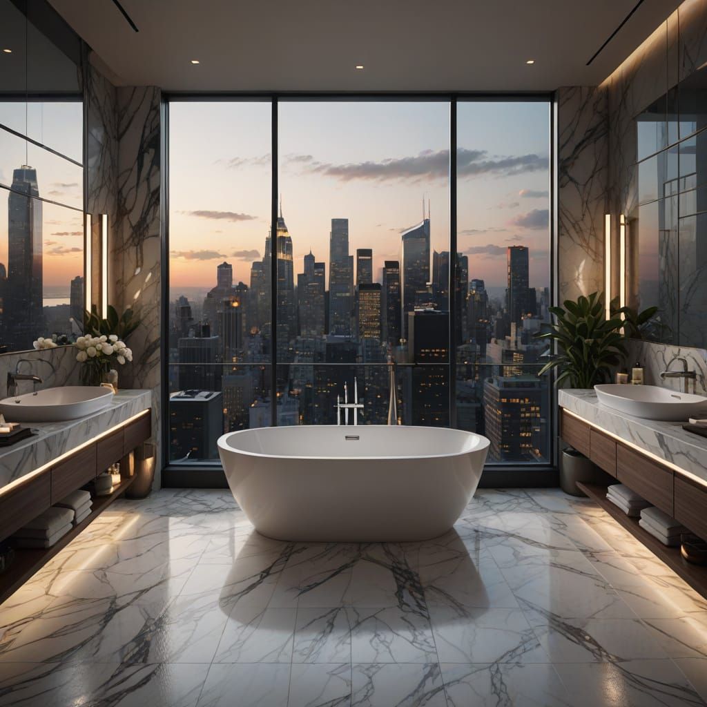 Luxurious Rooftop Bathroom with City Views - Digital Matte P...