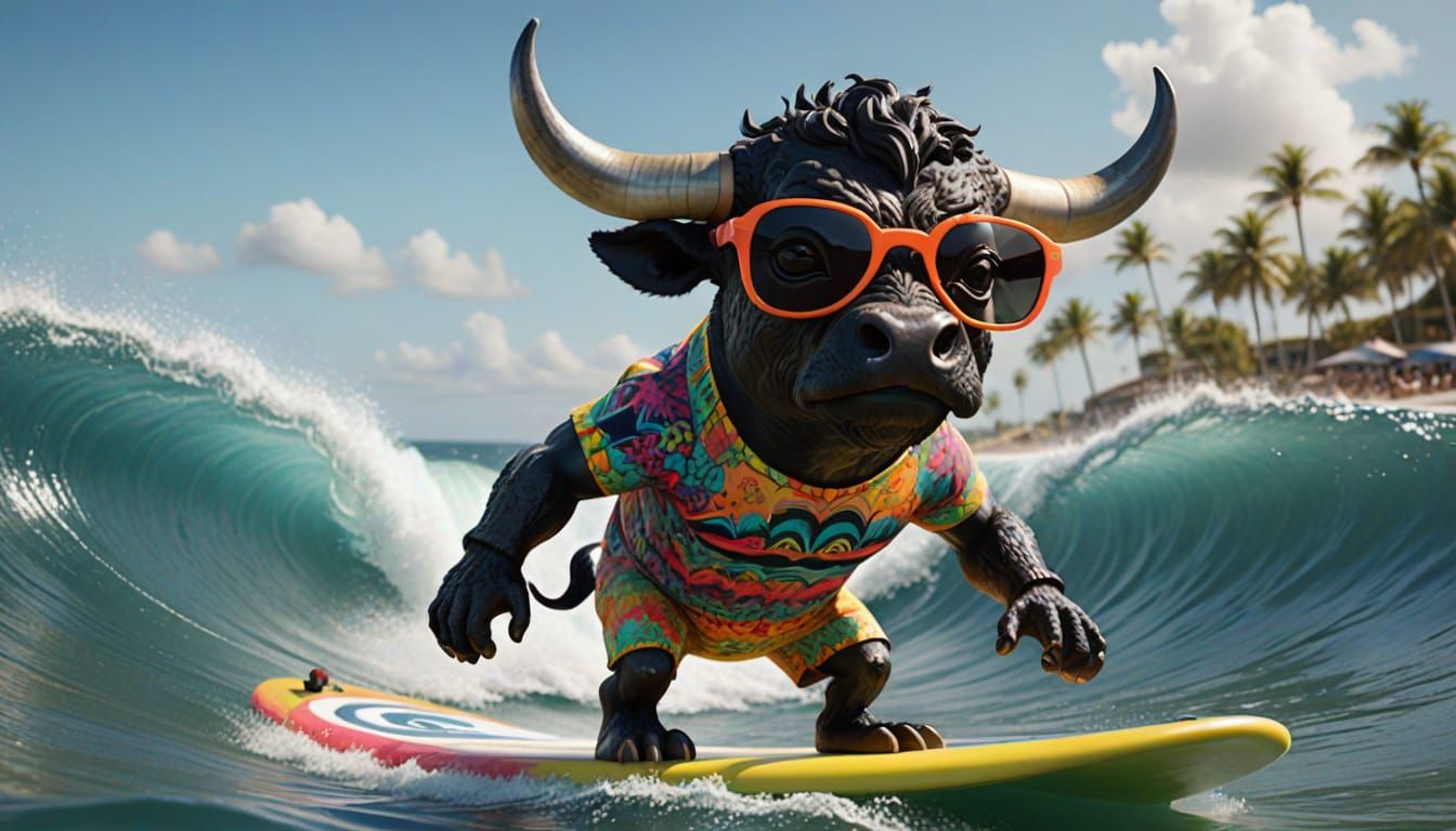 Vibrant CGI Bull Rides Surfboard with Ease