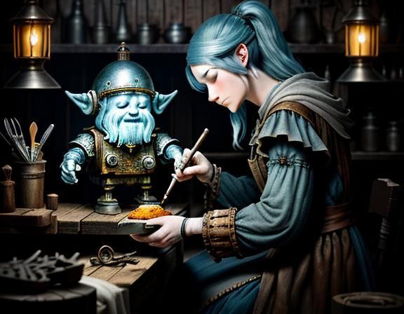 Gnome Repairs Automaton: Dark Fantasy Digital Art