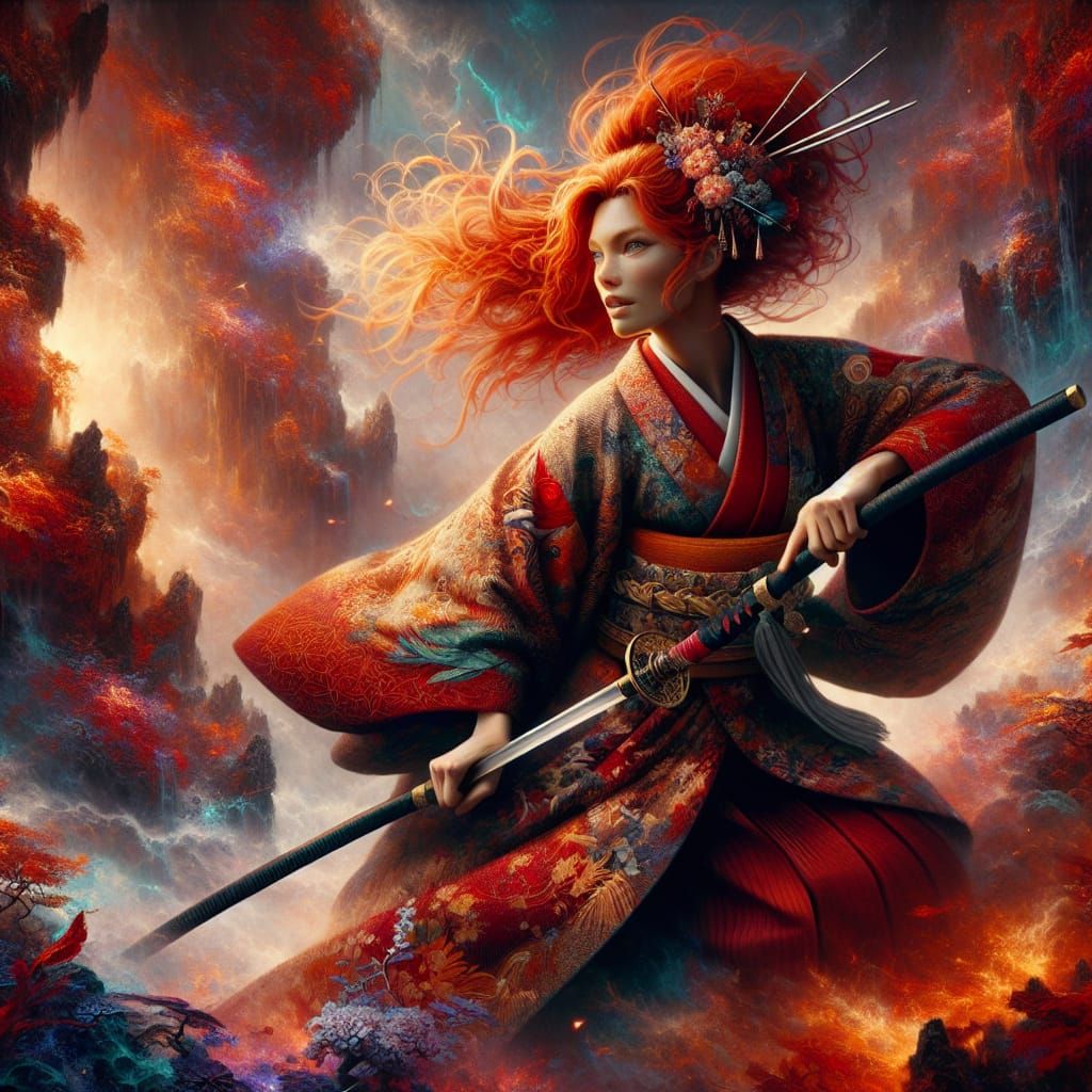 Redhead Warrior in Kimono with Naginata Weapon