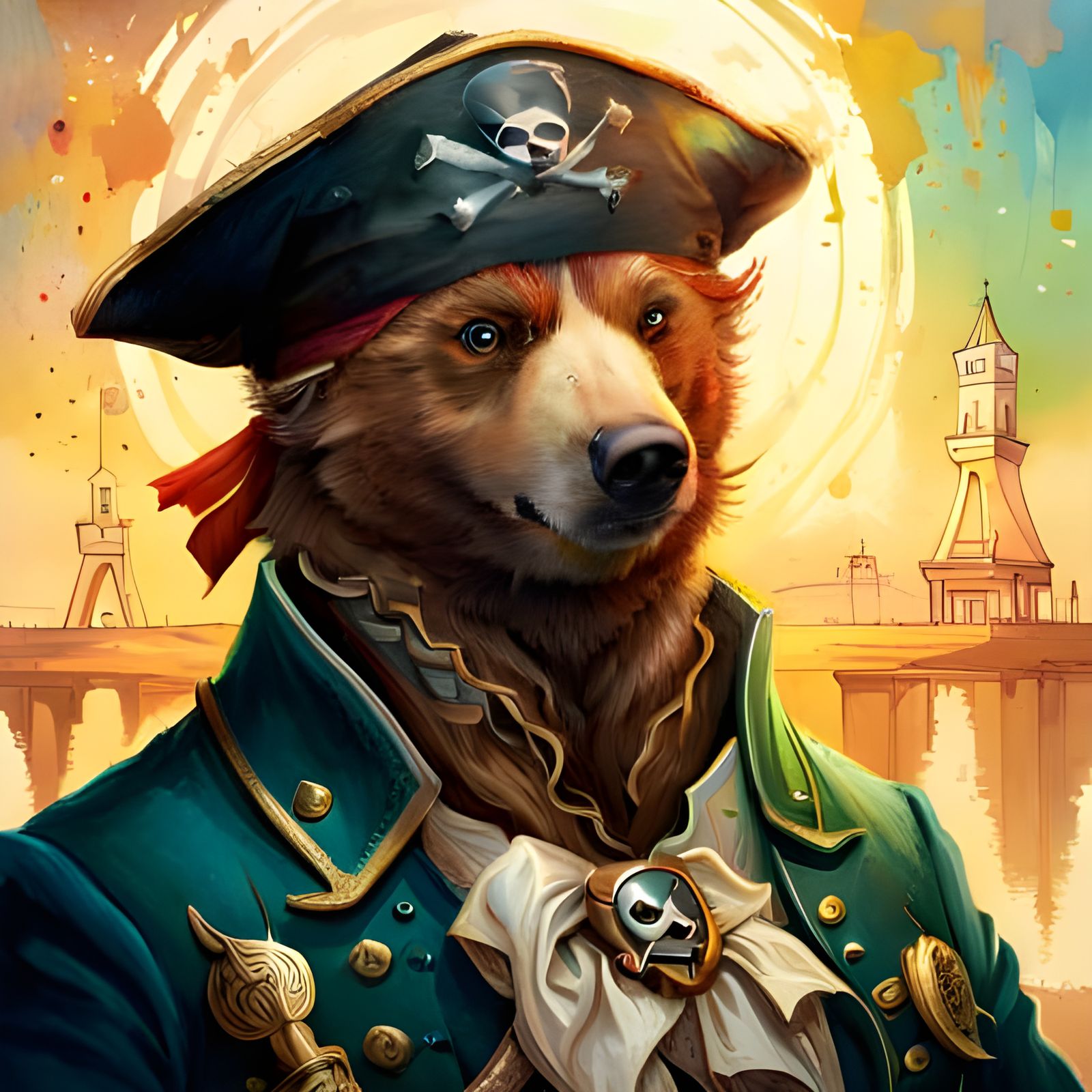 Joyful Pirate Bear Portrait in Mixed Media Style