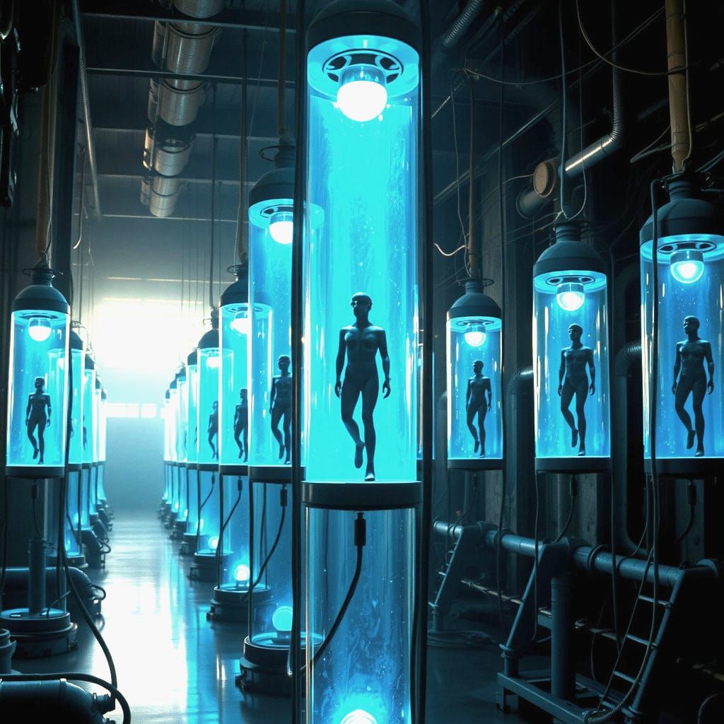 В една мрачна фабрика се намират до стените огромни капсули от стъкло със синя луминисцентна течност, към тях са свързан...