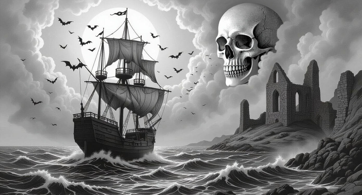 Spooky Sailing Ship in Storm: Charcoal Line Art