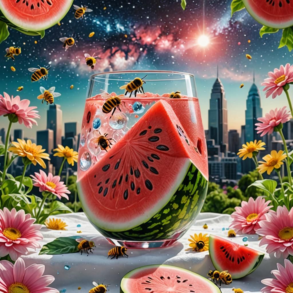 Ultra-Realistic Watermelon with Spring Flowers and Bees