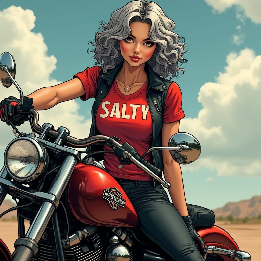 Woman on Motorcycle in Style of Stalenhag and Mead