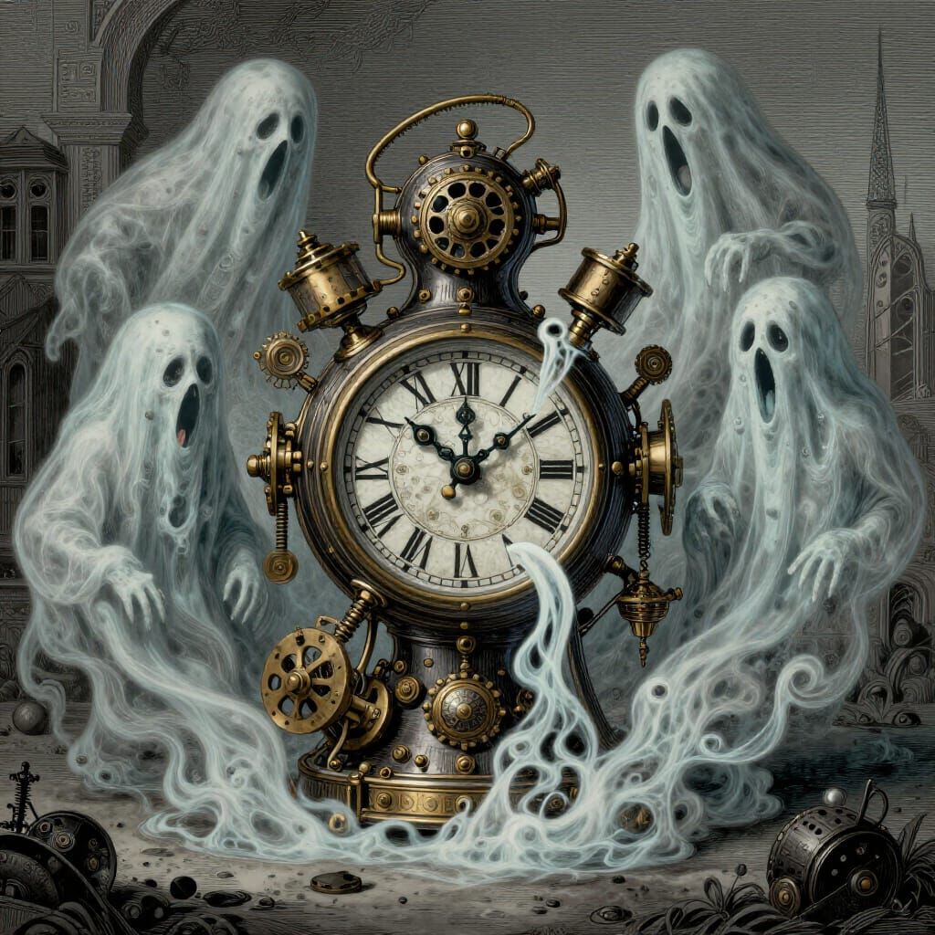 Steampunk Clock Oozing Ghosts in Gustave Doré Style