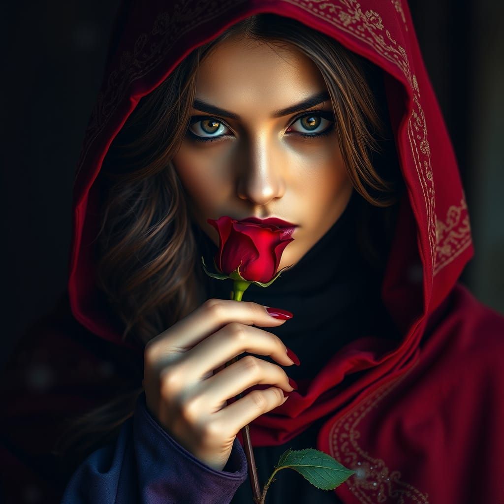 Ethereal Dark Fantasy Goddess with Crimson Rose