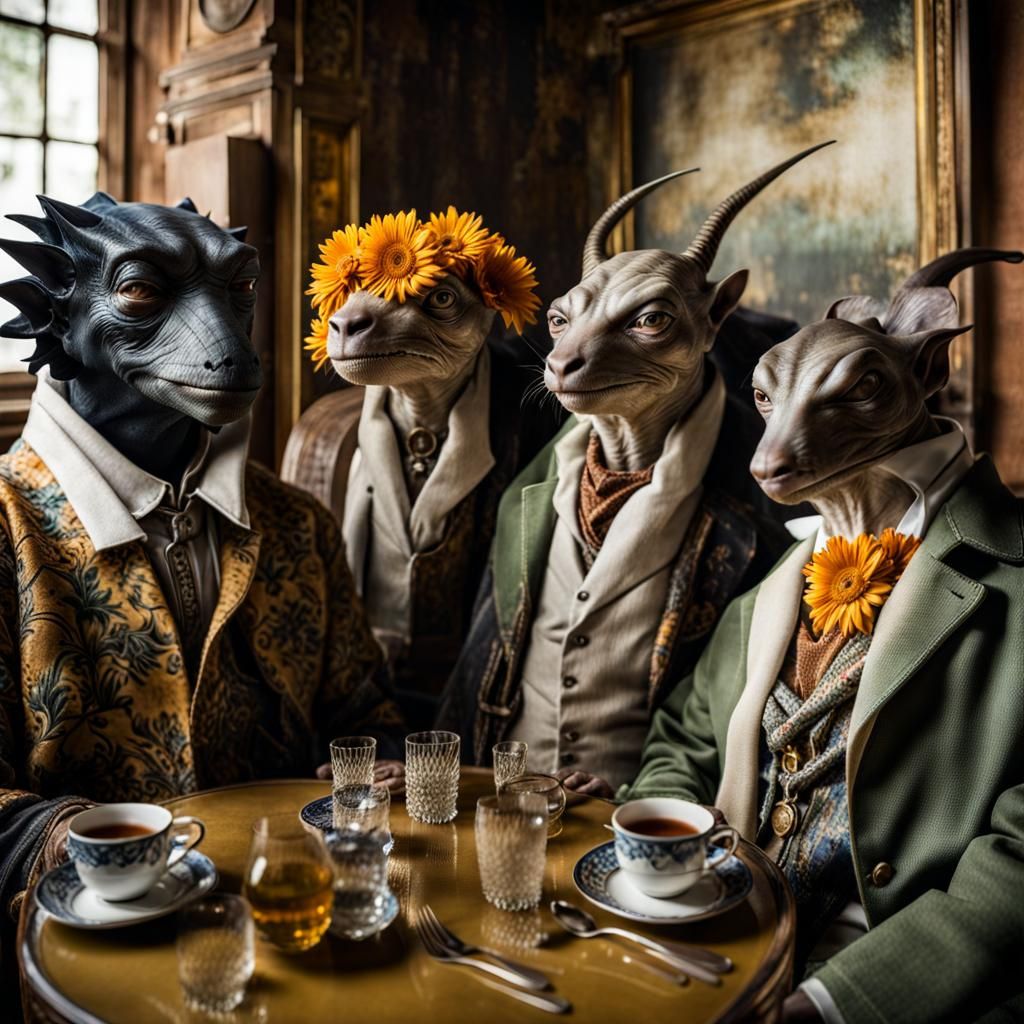 Exotic Alien Celebration in Surreal Restaurant