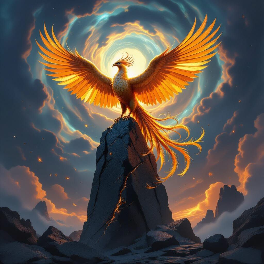 Majestic Phoenix on Obsidian Monolith, Cosmic Sky