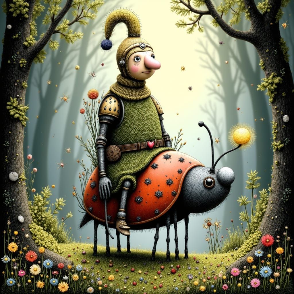 Knight on Ladybug in Enchanted Forest Watercolor