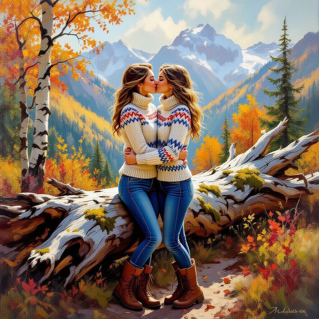 Romantic Autumn Hike: Women Kissing Amidst Fall Colors