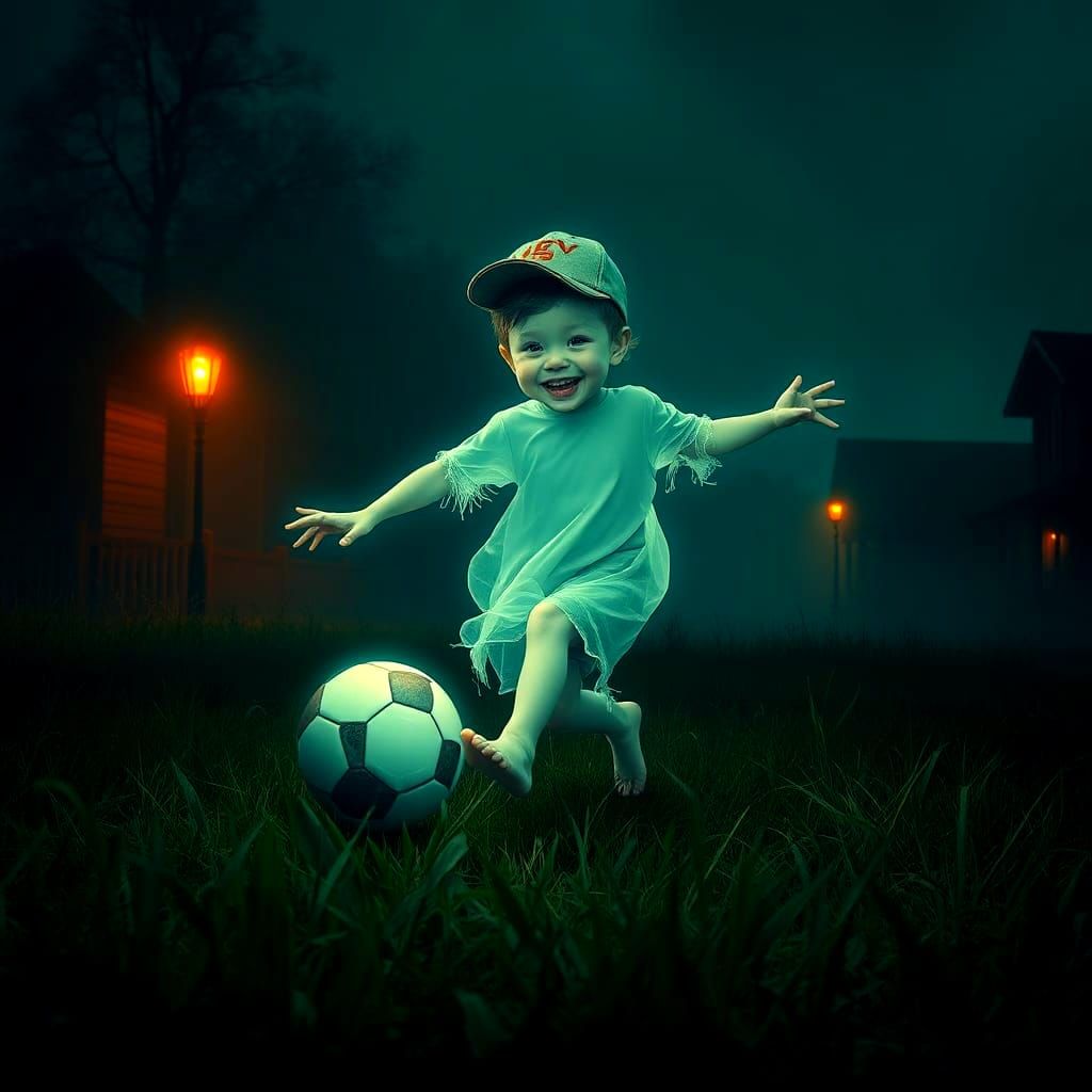 Eerie Boy Ghost Kicking Soccer Ball: Van Gogh Style