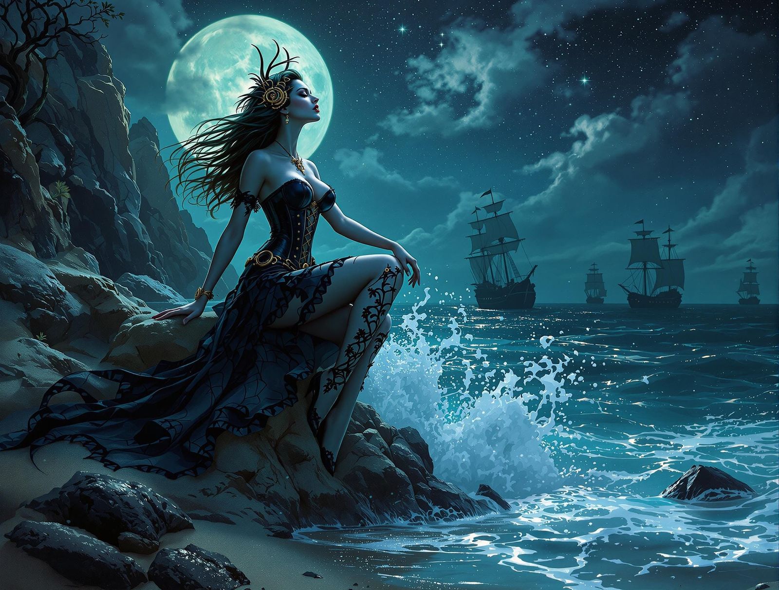 Steampunk Siren Serenade on a Moonlit Beach