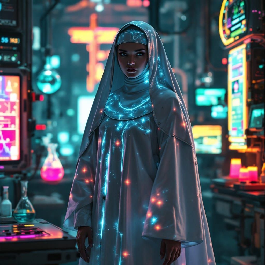 Hyper-Realistic Nun in Cyberpunk Laboratory