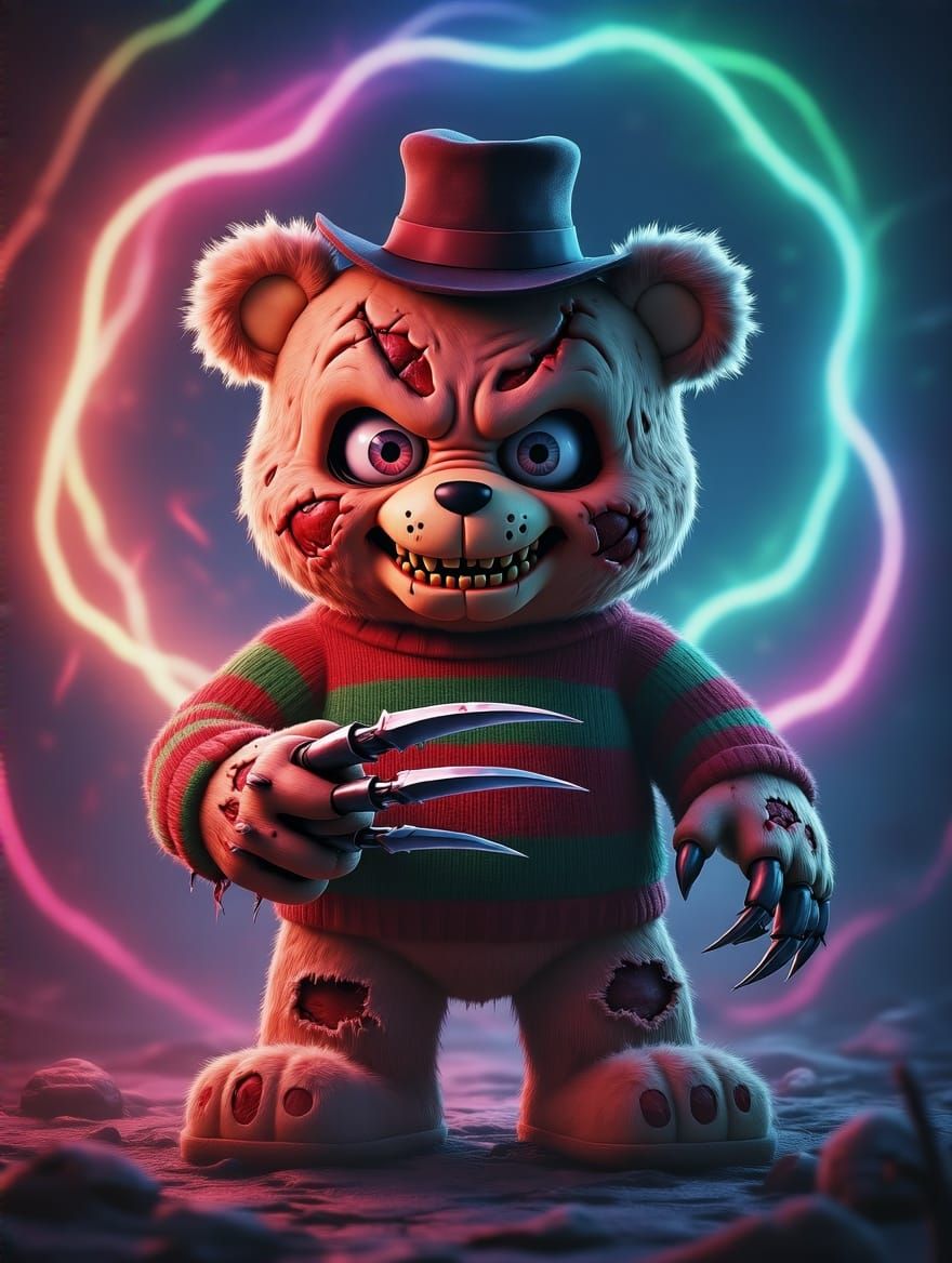 Spooky Freddy Krueger Care Bear in Cosmic Holographic Art