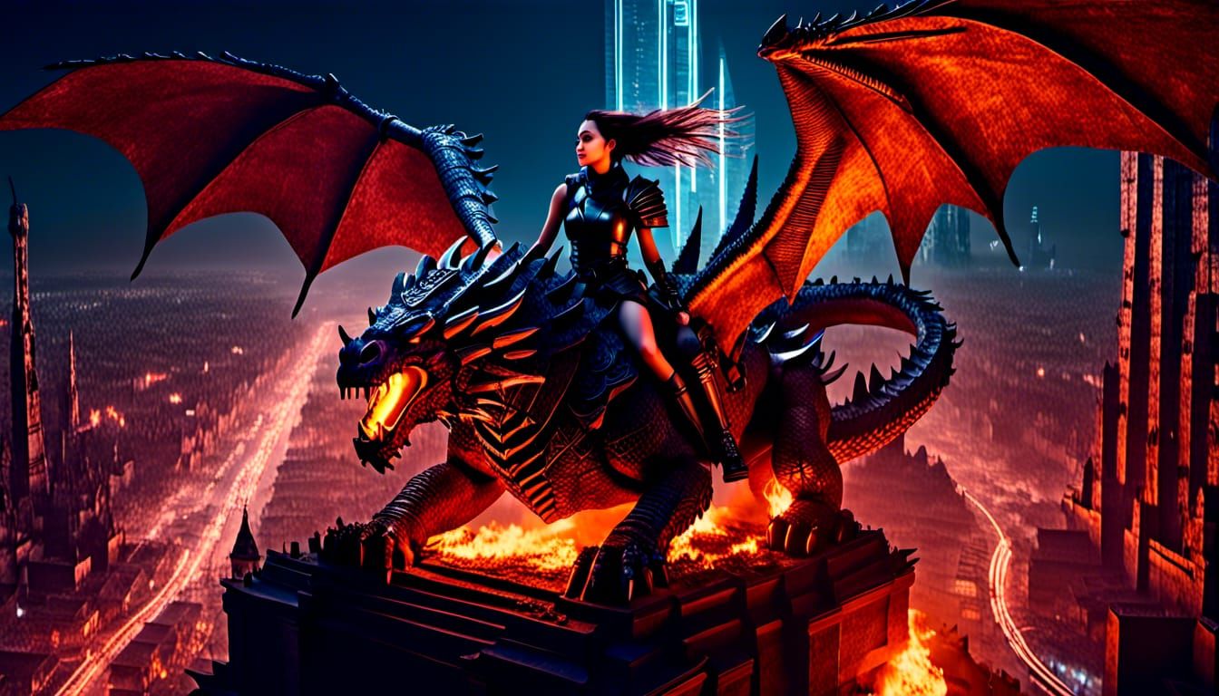 Cyberpunk Dragon Rider Over Burning City