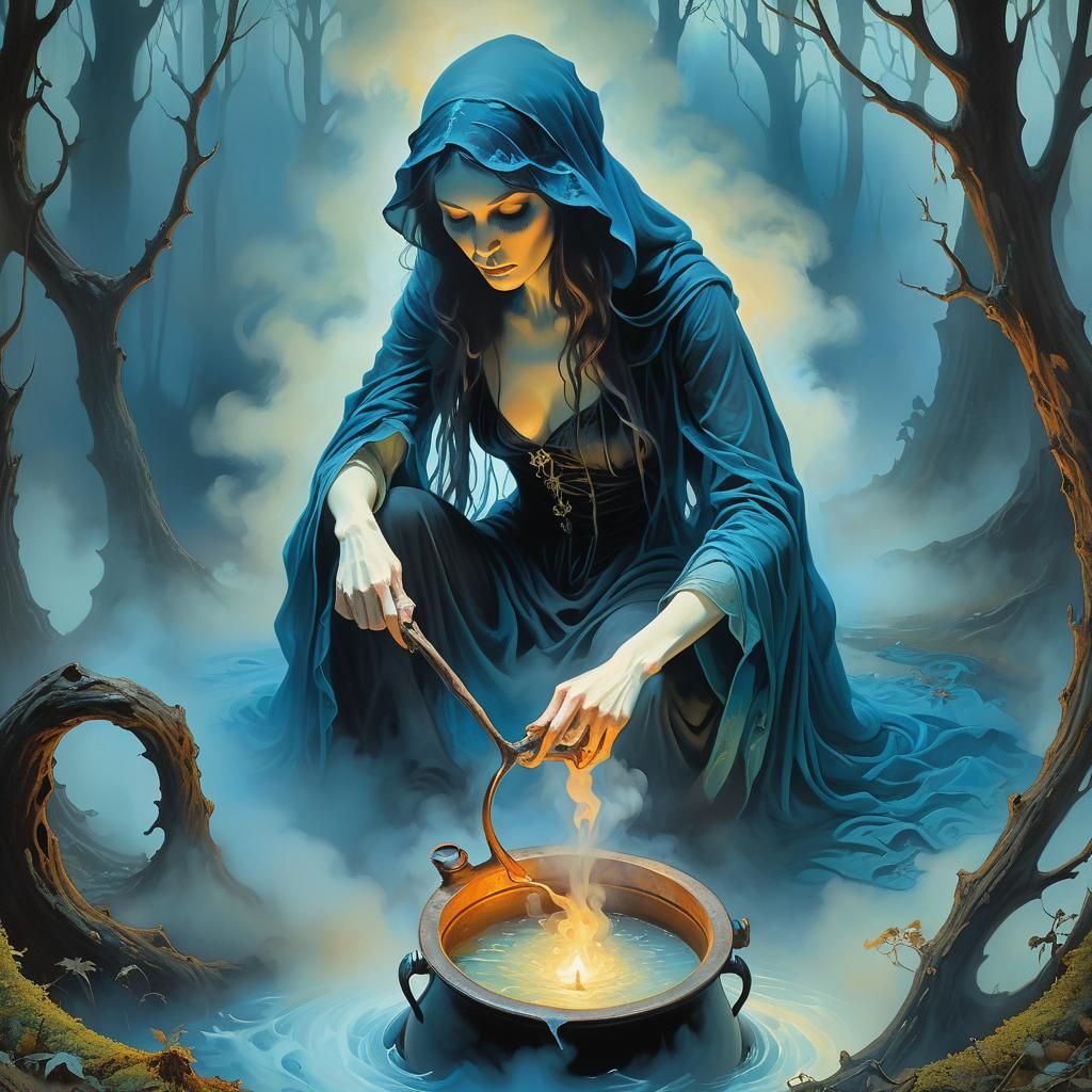 Neo-Gothic Witch Brews Potion in Haunted Forest
