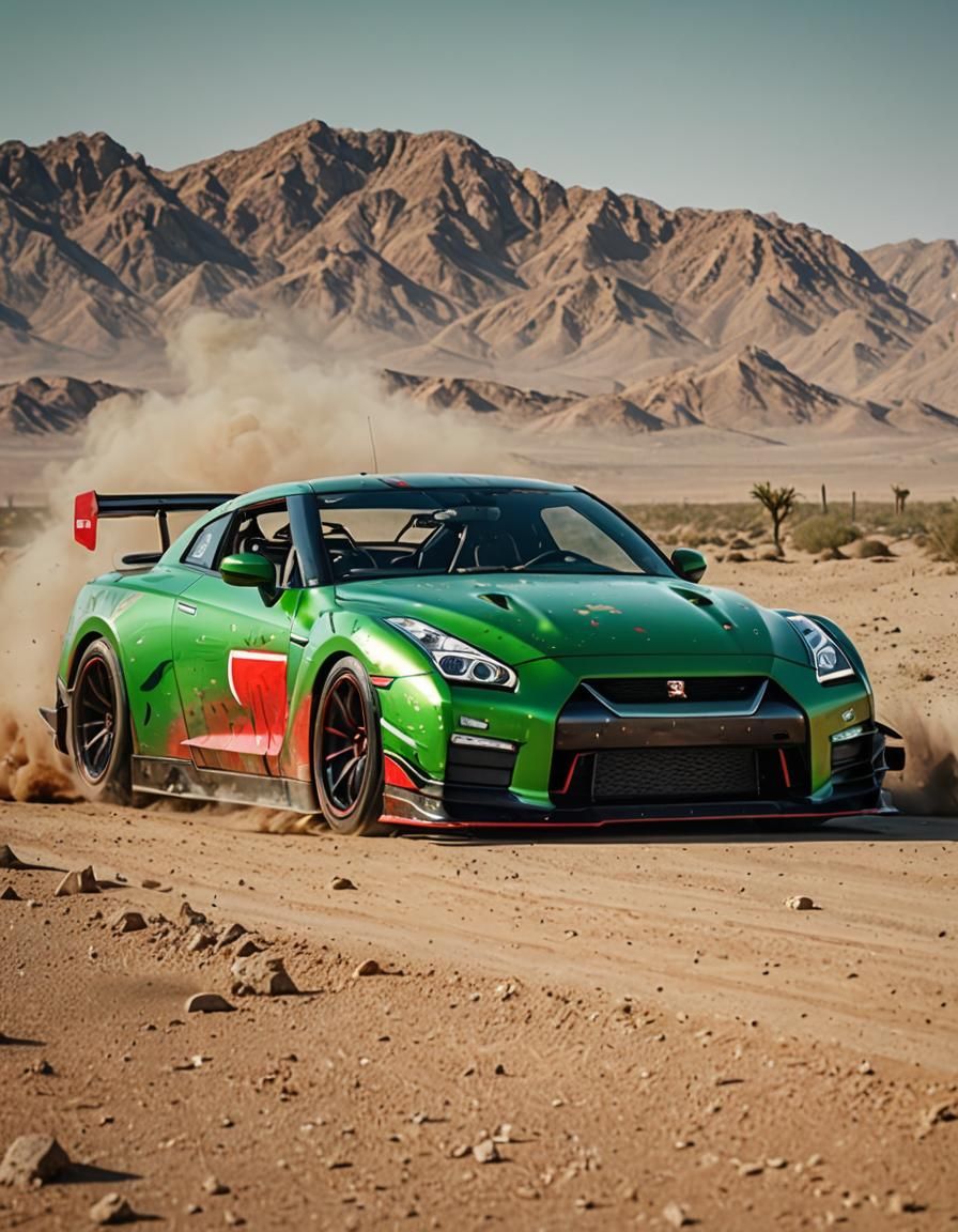 Nissan GT-R Drifting in Desert, Oil Splash Art