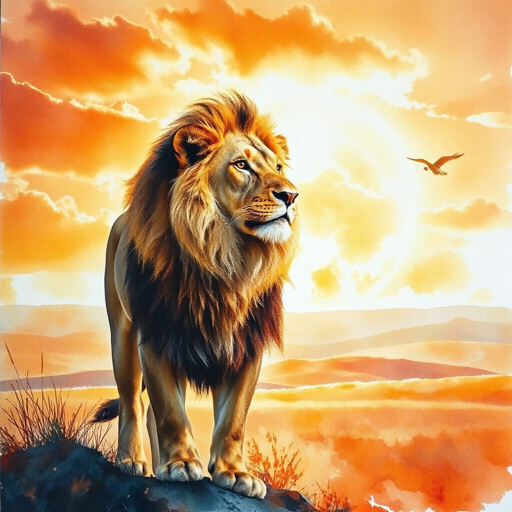 Lion in Golden Landscape: Watercolour and Oil Fusion