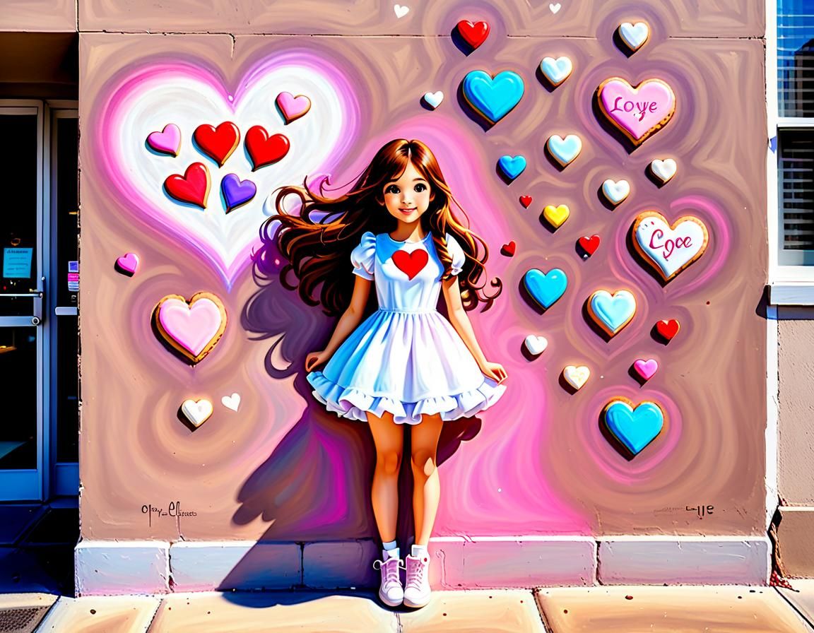 Korean Girl Chalk Art with Cookie Hearts