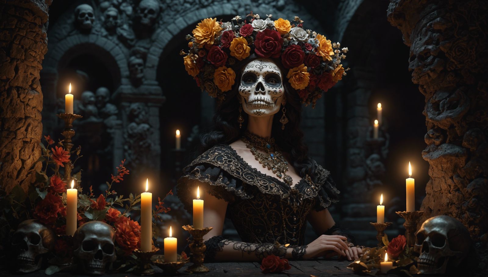 Hyperdetailed La Catrina in Baroque Romanesque Style